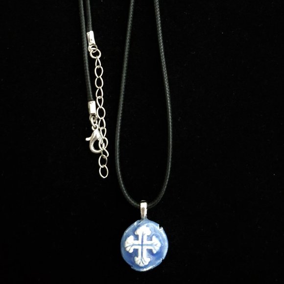 Handmade Ceramic Blue Fleur De Lis Cross Pendant Necklace - Picture 3 of 14
